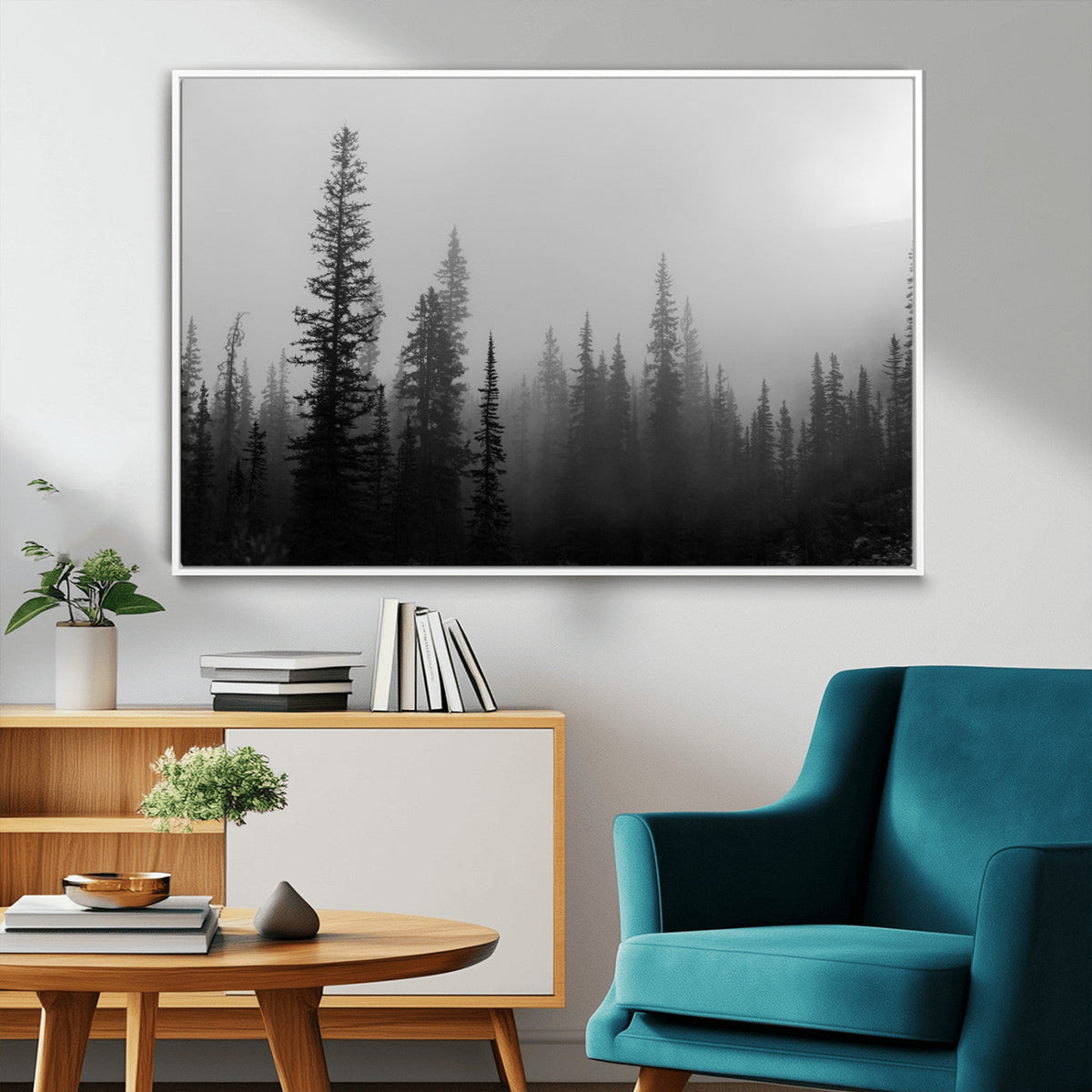 Misty Pines Wall Art Canvas Print, Framed Woodland Minimalist Black and White