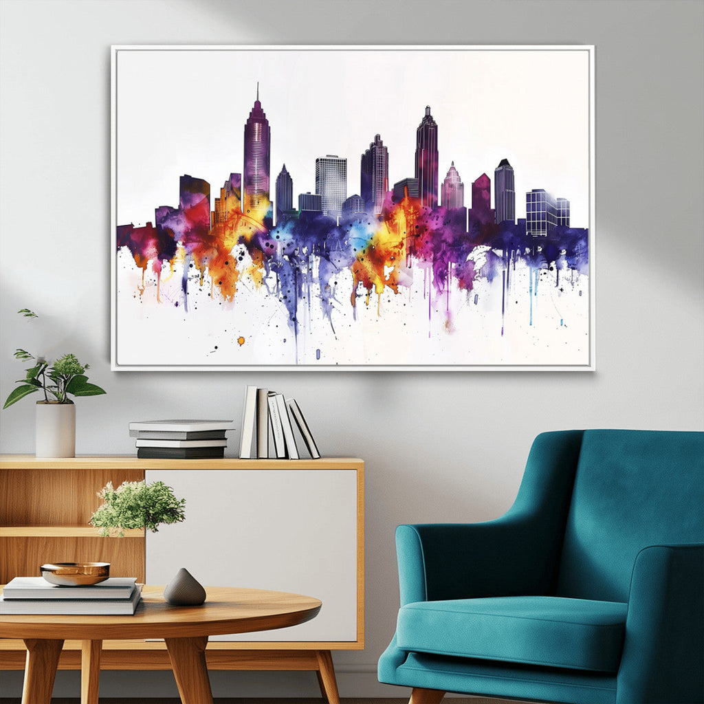 Atlanta Skyline Wall Art Canvas Print, Framed Colorful Watercolor Cityscape