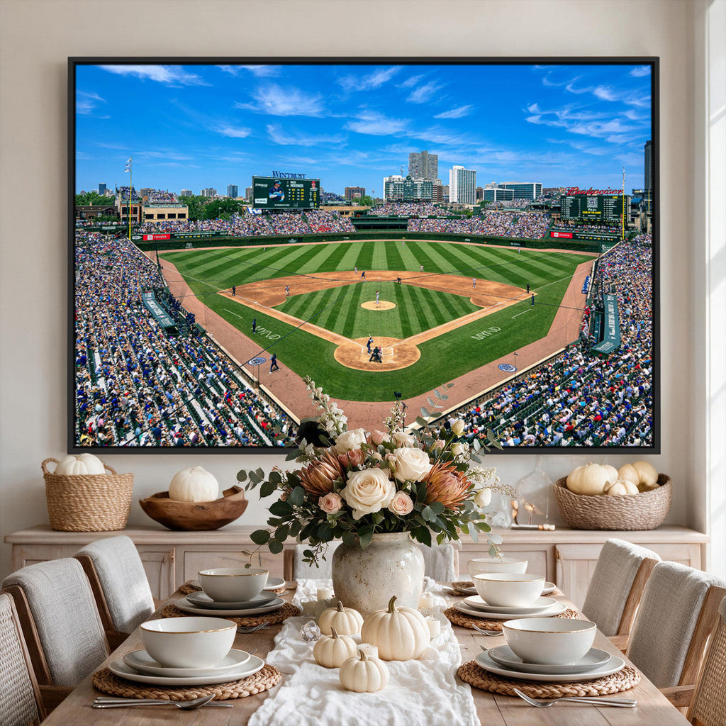 Wrigley Field Baseball Stadium Canvas Wall Art, Packed Crowd and Chicago Skyline