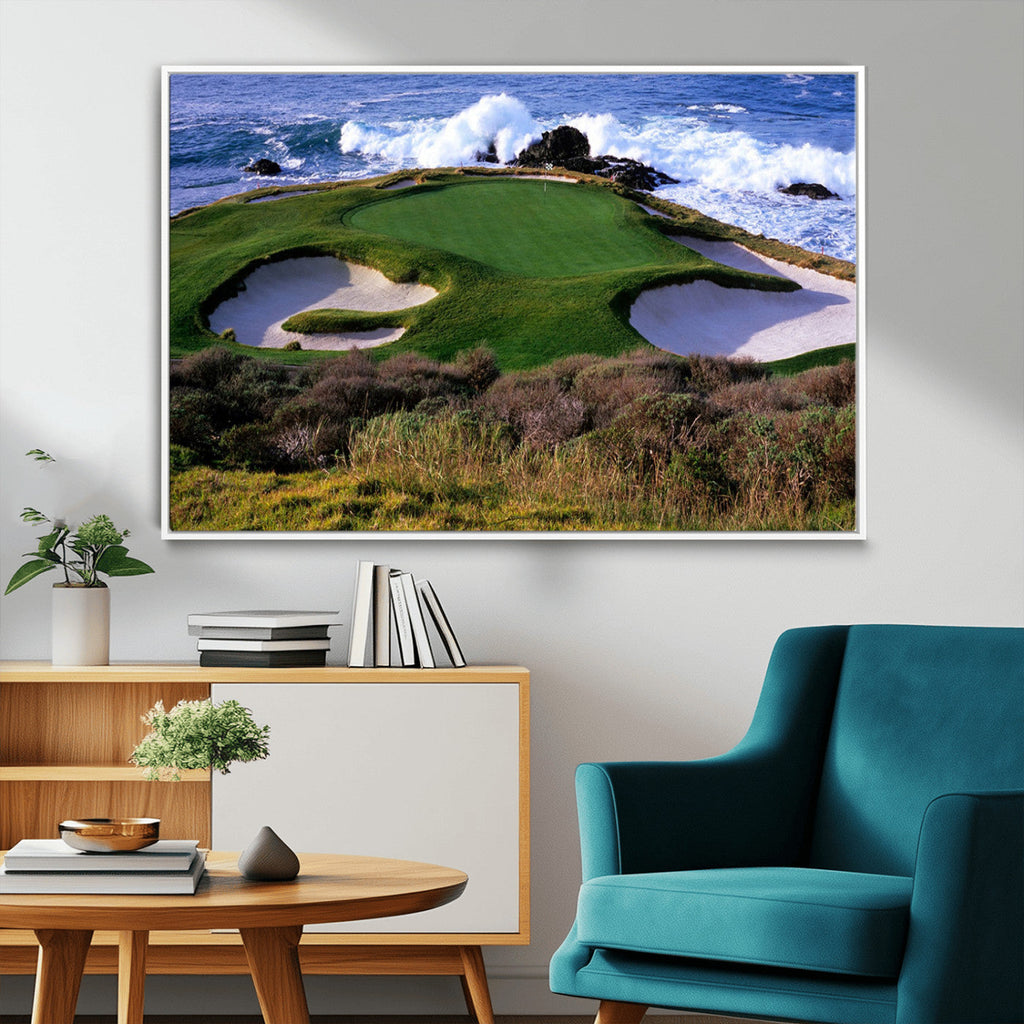 Ocean Cliff Golf Course Wall Art Canvas Print, Waves Crashing, Coastal Golf Landscape