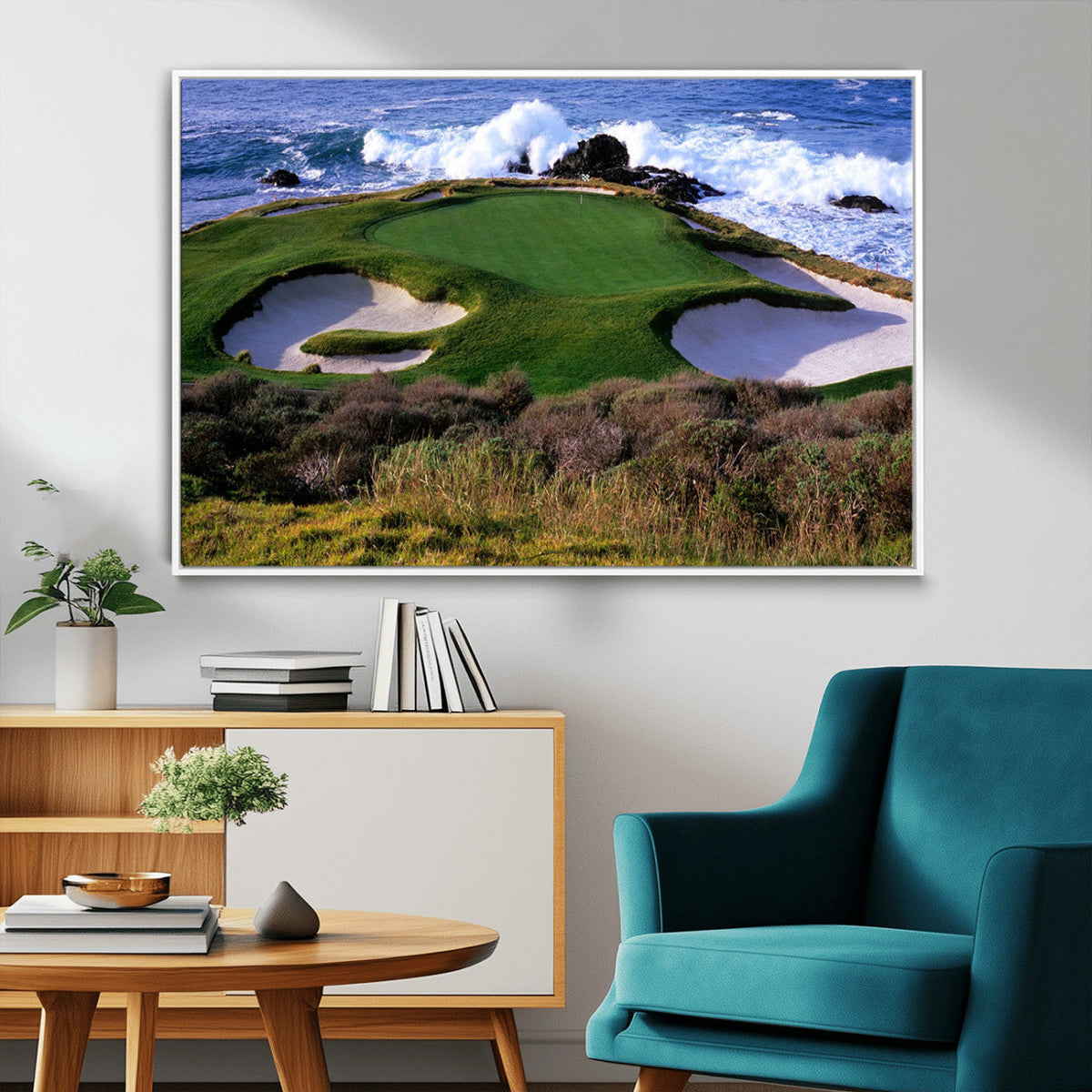 Ocean Cliff Golf Course Wall Art Canvas Print, Waves Crashing, Coastal Golf Landscape