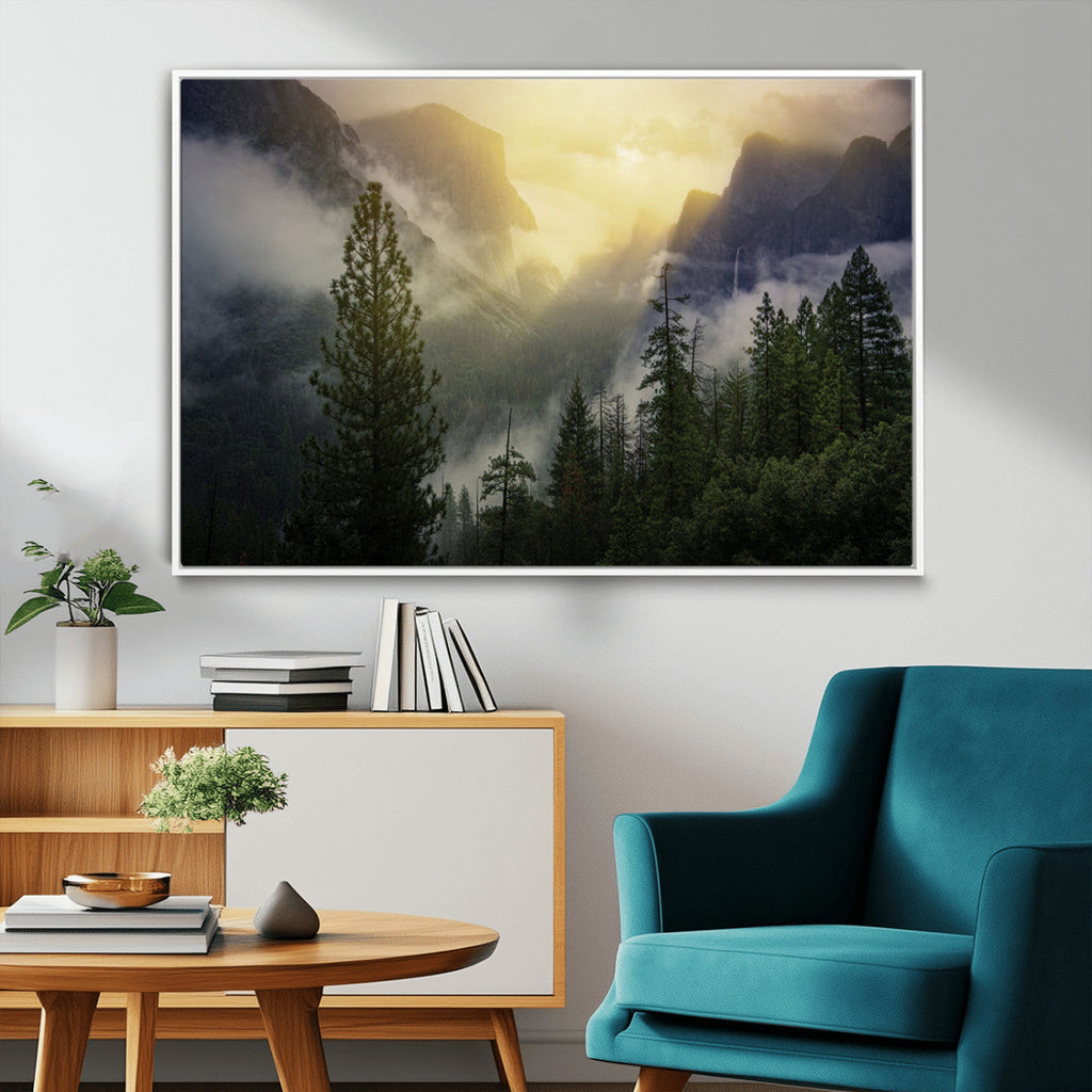 Misty Forest Sunrise Wall Art Canvas Print, Framed Mountain Valley Pine Trees