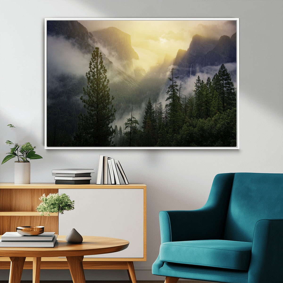 Misty Forest Sunrise Wall Art Canvas Print, Framed Mountain Valley Pine Trees