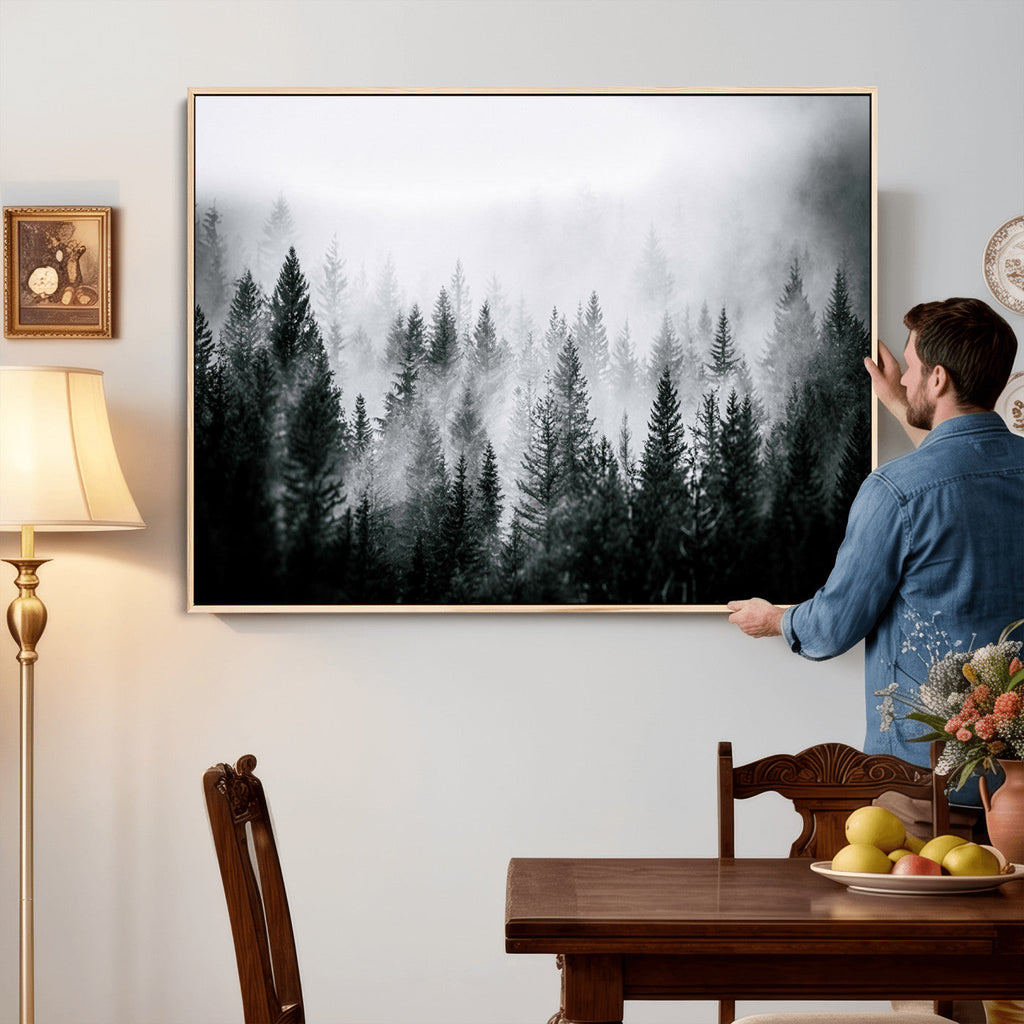 Foggy Forest Wall Art Canvas Print, Mountain Woodland Landscape, Minimal Nature Decor