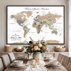 Custom Beige Push Pin World Map Wall Art, Bucket List Map, Study and Hallway Decor