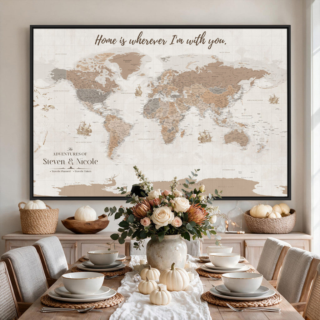 Personalized Beige Geometric Push Pin World Map Canvas Print, Countries Visited Map, Study and Home Office Decor