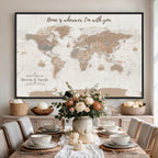 Personalized Beige Geometric Push Pin World Map Canvas Print, Countries Visited Map, Study and Home Office Decor