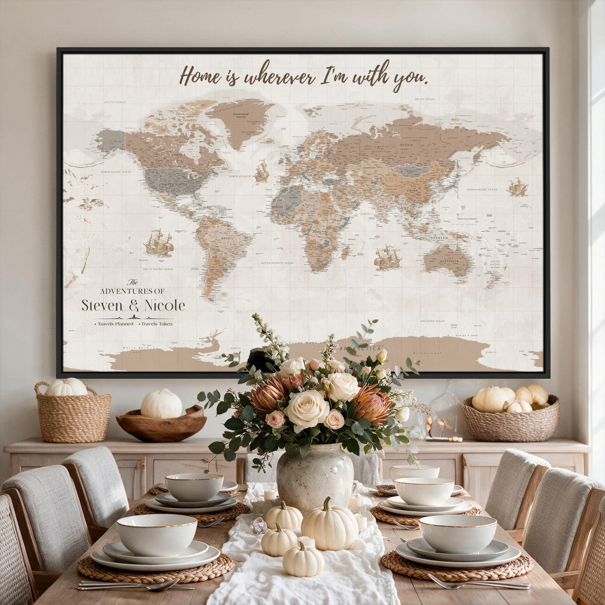 Personalized Beige Geometric Push Pin World Map Canvas Print, Countries Visited Map, Study and Home Office Decor