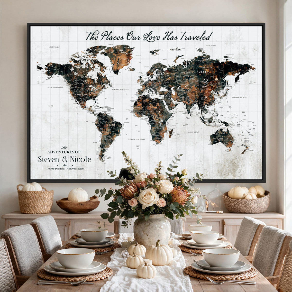 Custom Navy Geometric Push Pin World Map Canvas Print, Bucket List Map, Living Room and Home Office Decor