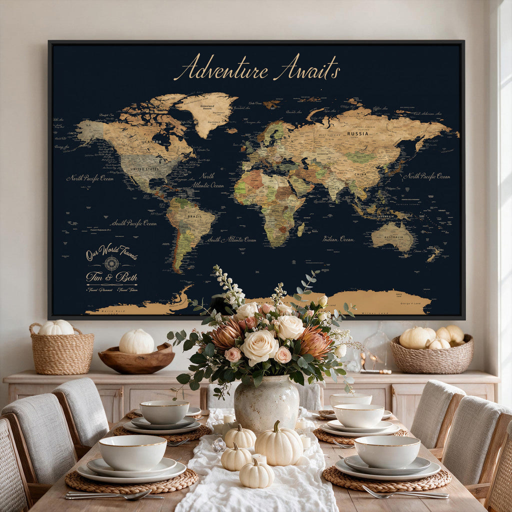 Personalized Navy Geometric World Map Canvas with Push Pins, Honeymoon and Anniversary Gift, Home Office and Hallway Decor