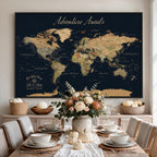 Personalized Navy Geometric World Map Canvas with Push Pins, Honeymoon and Anniversary Gift, Home Office and Hallway Decor
