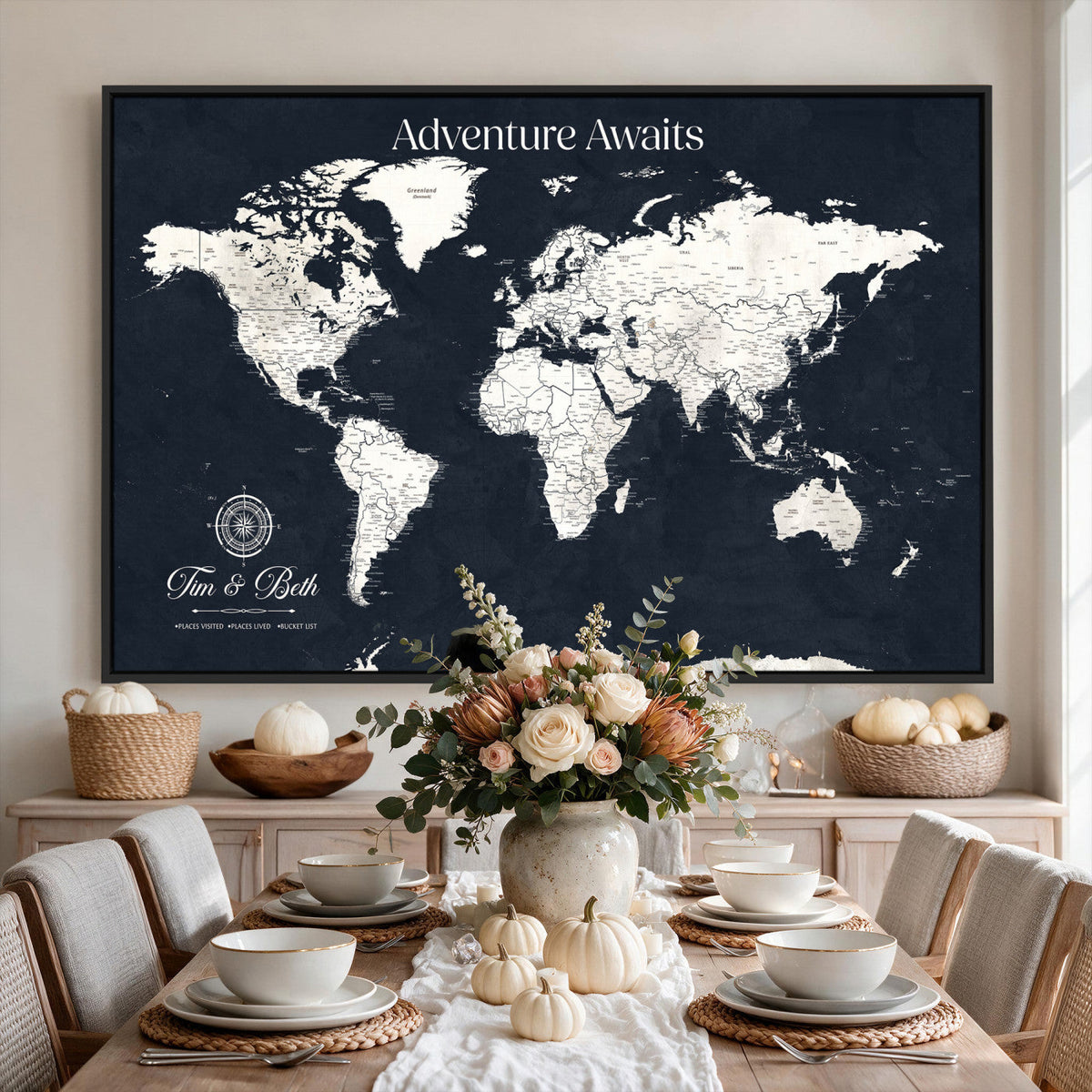 Custom World Map Wall Art Canvas Print | Personalized Push Pin Travel Tracker