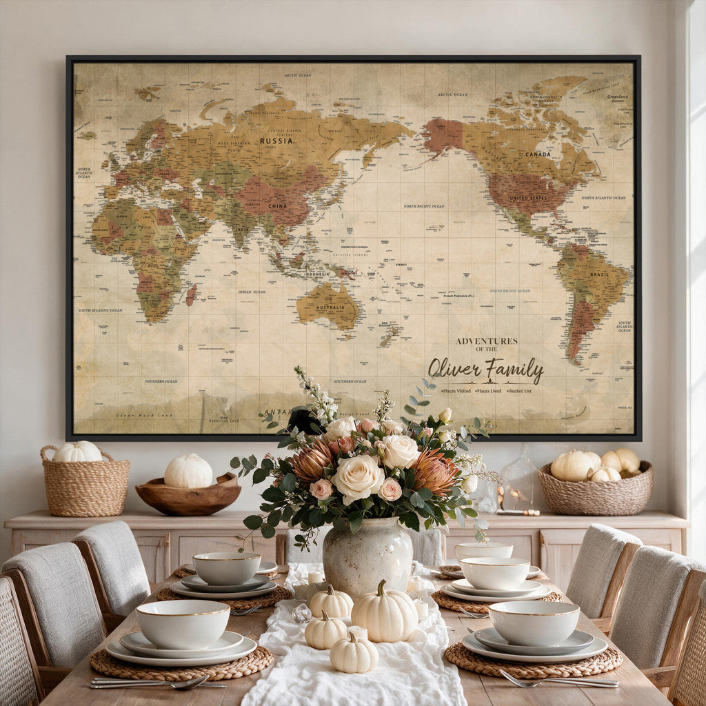 Personalized Framed Navy Modern World Map Canvas with Push Pins, Bucket List Map, Living Room and Entryway Decor