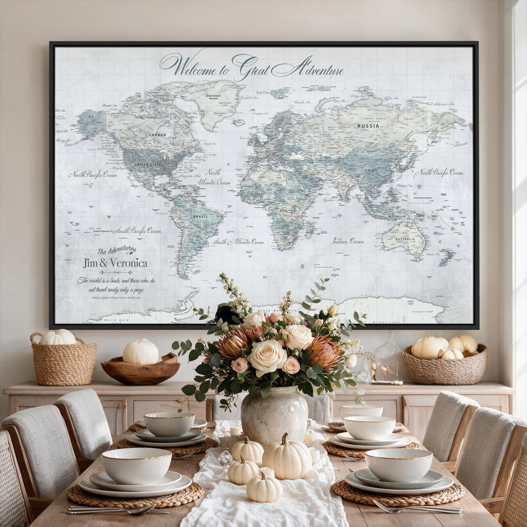 Personalized Beige Antique Push Pin World Map Canvas Print, Family Travel Tracker, Family Room and Entryway Decor