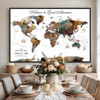 Custom Framed Beige Modern Push Pin World Map Wall Art, Couples Countries Visited Map, Study and Entryway Decor