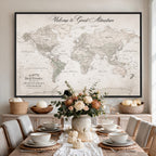 Personalized Beige World Map Canvas with Push Pins, Places Visited Tracker, Family Room and Entryway Decor