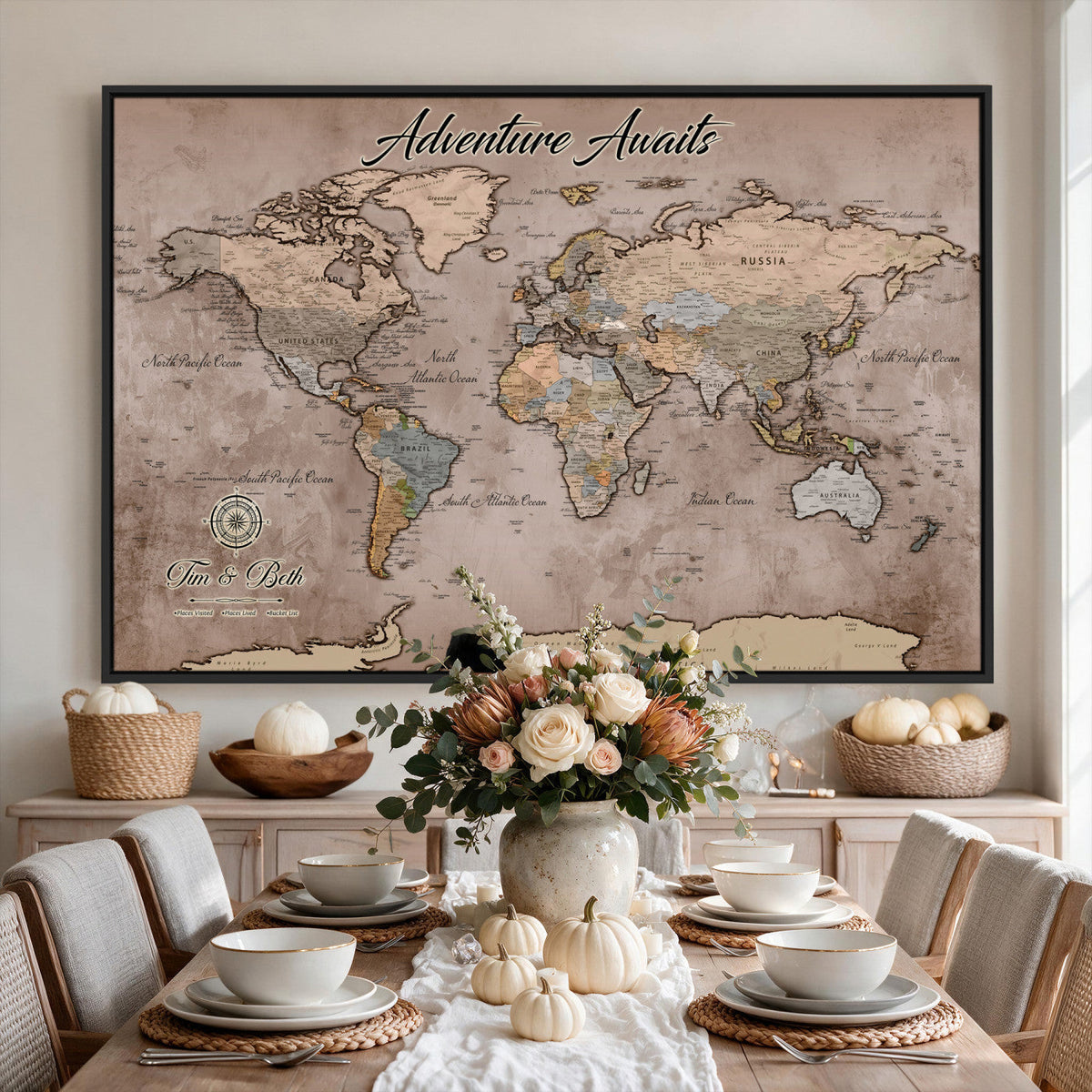 Custom Push Pin World Map Wall Art Canvas Print | Personalized Travel Tracker