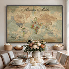 Custom Beige World Travel Map Wall Art with Pins, Bucket List Map, Dining Room and Study Decor