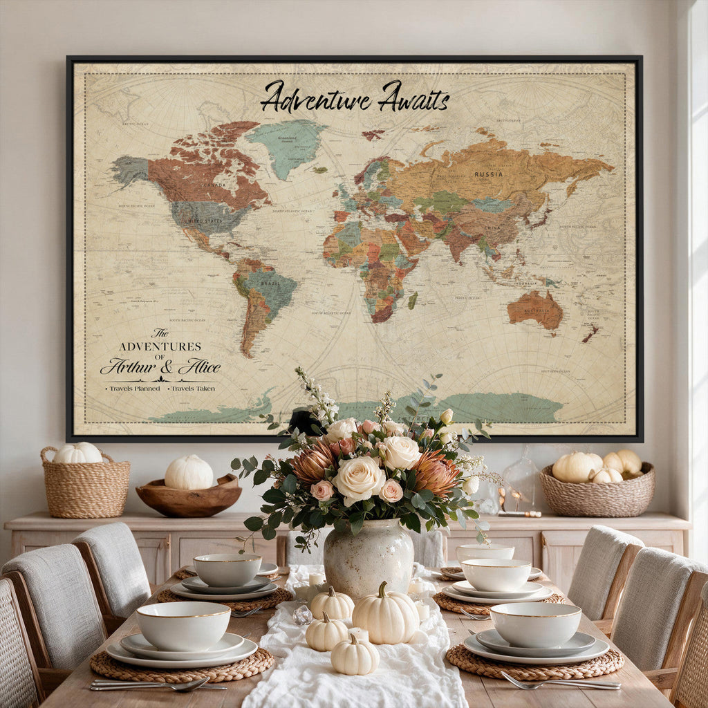 Custom Beige Push Pin World Map Canvas Print, Next Trip Planner Map, Family Room and Study Decor