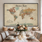 Custom Beige Push Pin World Map Canvas Print, Next Trip Planner Map, Family Room and Study Decor