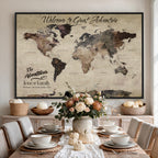 Custom Beige Modern Push Pin World Map Wall Art, Honeymoon and Anniversary Gift, Dining Room and Study Decor