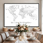 Personalized Framed Beige Modern Push Pin Travel Map Canvas Print, Couples Countries Visited Map, Living Room and Family Room Decor