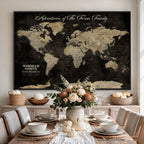Personalized Framed Black Modern World Map Canvas with Push Pins, Next Trip Planner Map, Dining Room and Home Office Decor