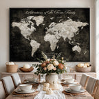 Personalized Framed Beige Push Pin World Map Canvas Print, Couples Countries Visited Map, Dining Room and Study Decor