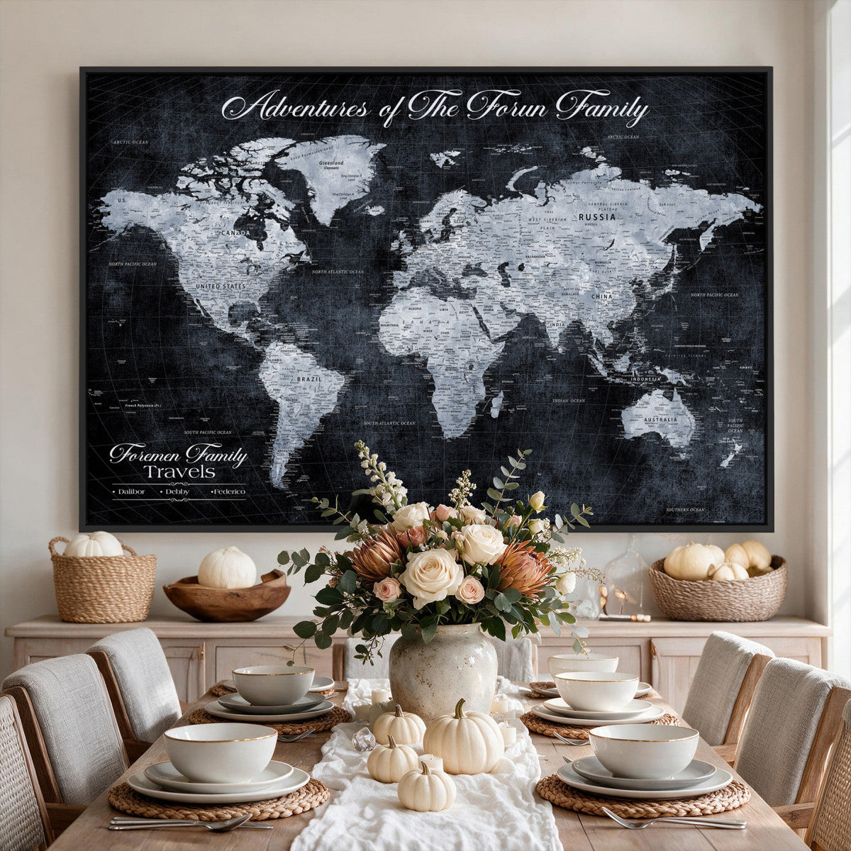 Personalized Framed Beige Modern Push Pin World Map Wall Art, Places Visited Tracker, Family Room and Dining Room Decor