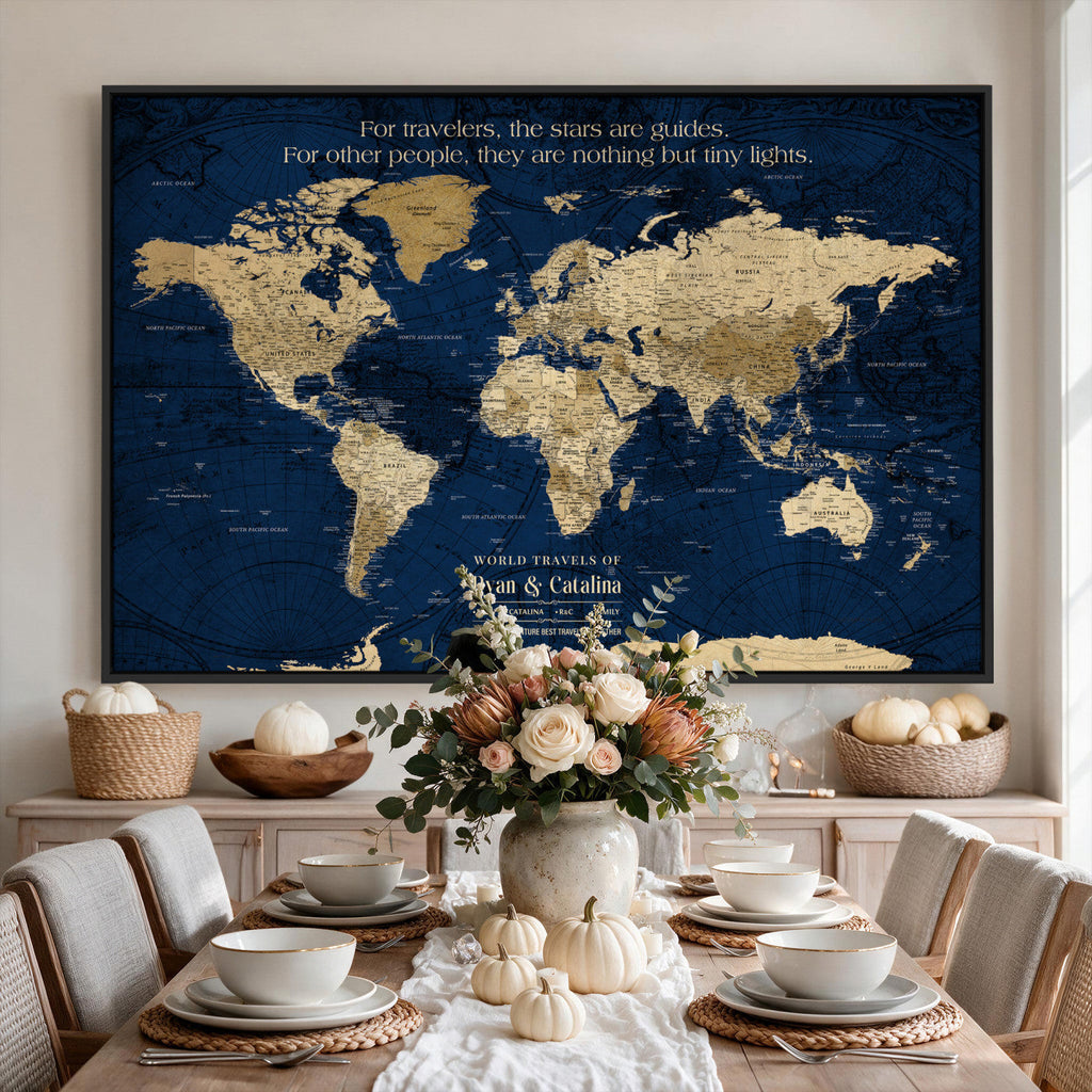 Personalized Framed Black Push Pin Travel Map Canvas Print, Next Trip Planner Map, Dining Room and Bedroom Decor