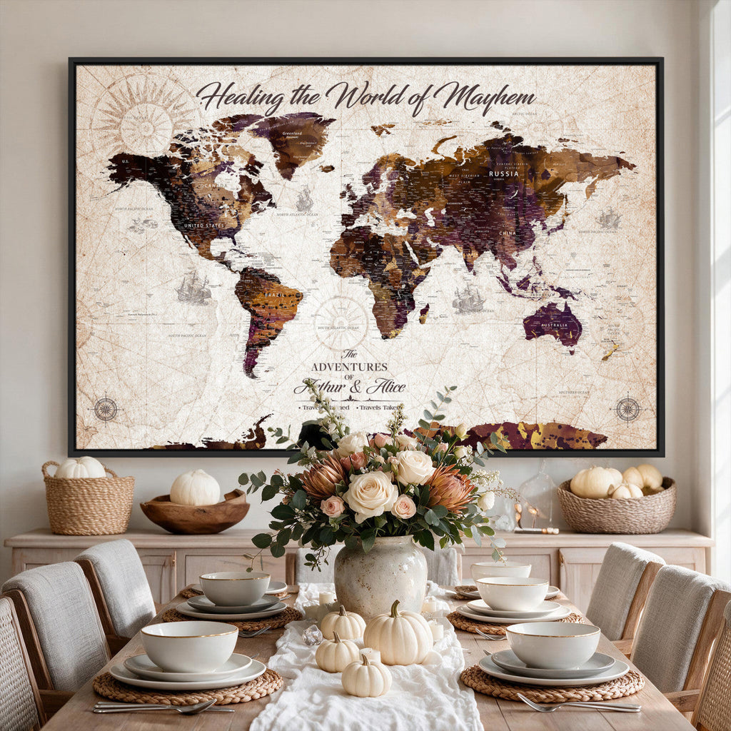 Personalized Framed Navy World Travel Map Wall Art with Pins, Honeymoon and Anniversary Gift, Living Room and Bedroom Decor