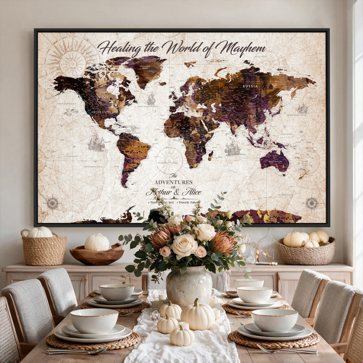 Personalized Framed Navy World Travel Map Wall Art with Pins, Honeymoon and Anniversary Gift, Living Room and Bedroom Decor
