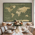 Personalized Framed Beige Geometric Push Pin World Map Canvas Print, Honeymoon and Anniversary Gift, Dining Room and Bedroom Decor