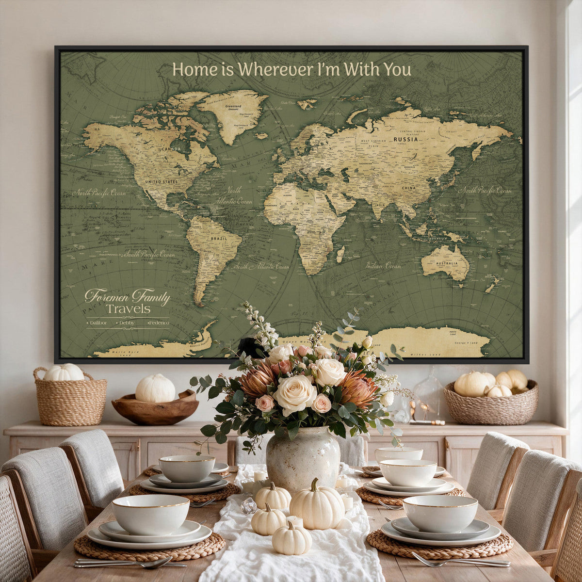 Personalized Framed Beige Geometric Push Pin World Map Canvas Print, Honeymoon and Anniversary Gift, Dining Room and Bedroom Decor