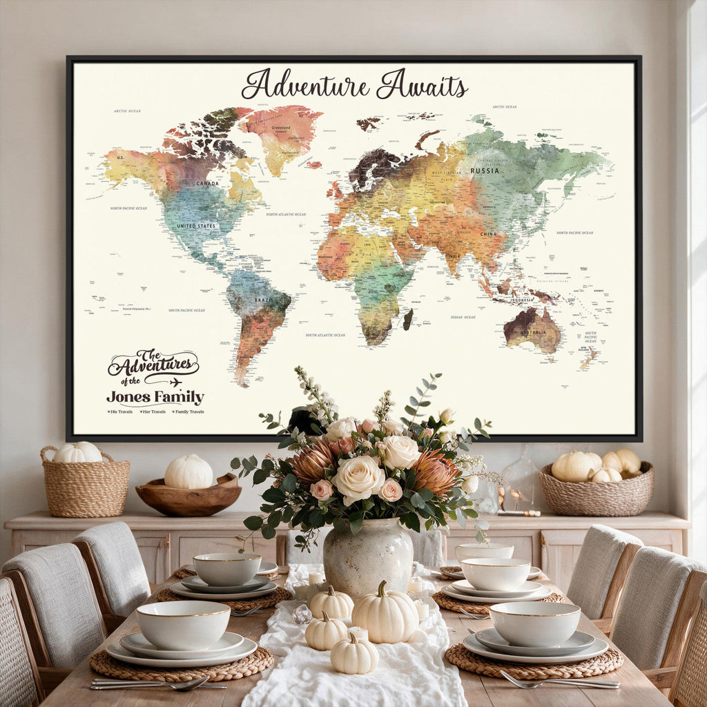 Custom Beige World Map Canvas with Push Pins, Honeymoon and Anniversary Gift, Dining Room and Entryway Decor