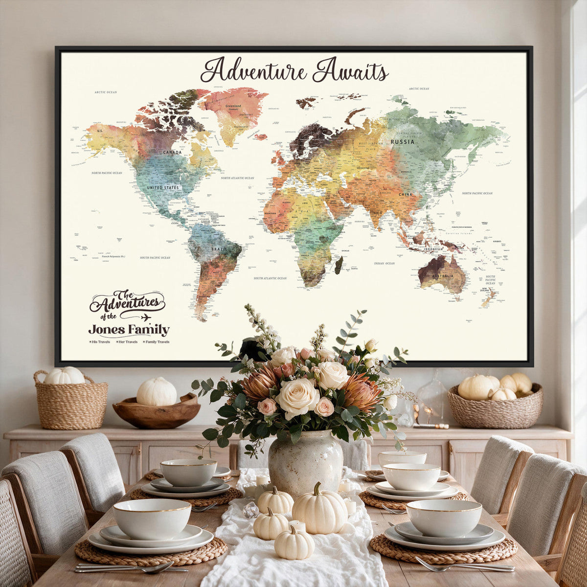 Custom Beige World Map Canvas with Push Pins, Honeymoon and Anniversary Gift, Dining Room and Entryway Decor