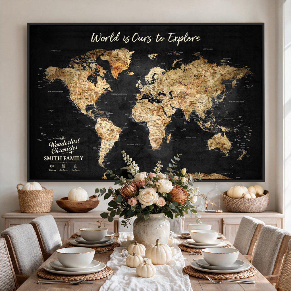 Personalized Framed Black Beige Modern World Travel Map Wall Art with Pins, Bucket List Map, Living Room and Hallway Decor