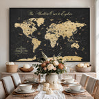 Custom Push Pin World Map Canvas Print, Couples Countries Visited Map, Living Room and Home Office Decor