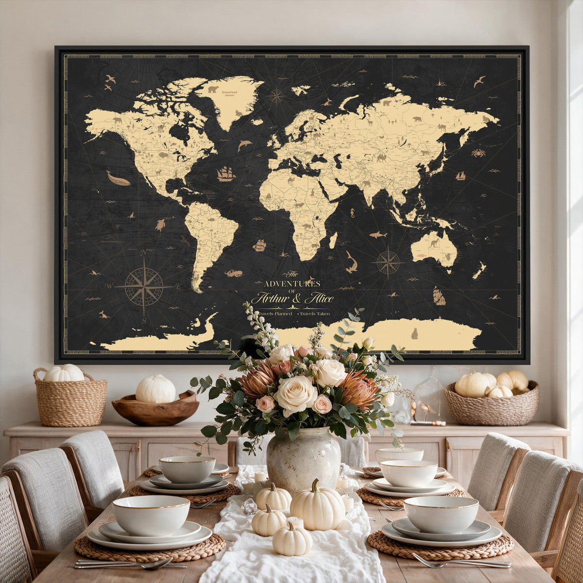 Personalized Beige Push Pin World Map Canvas Print, Places Visited Tracker, Home Office and Study Decor