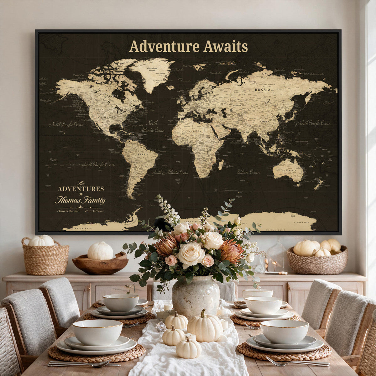 Custom Beige Push Pin World Map Wall Art, Next Trip Planner Map, Living Room and Home Office Decor