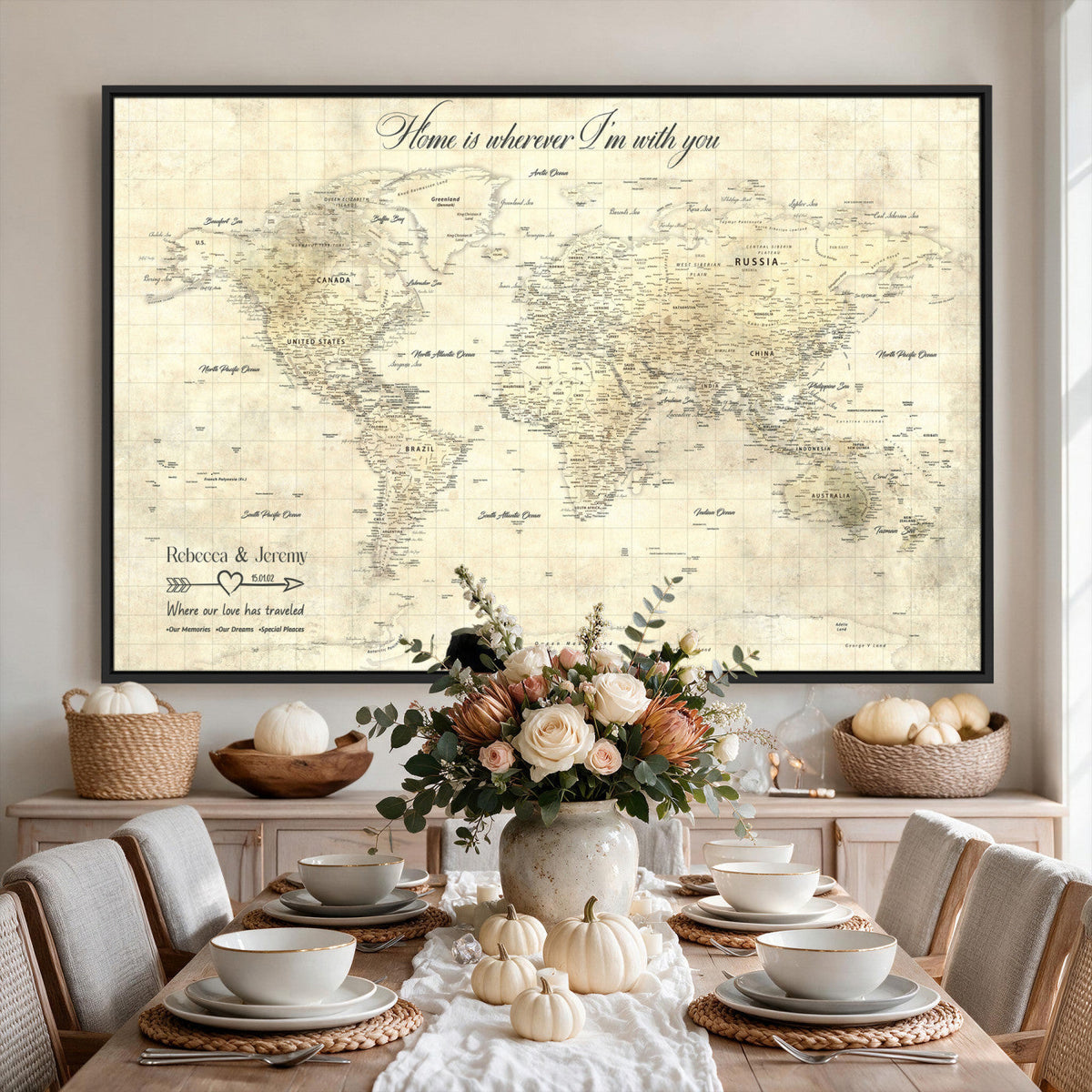 Personalized Beige Modern Push Pin World Map Wall Art, Honeymoon and Anniversary Gift, Bedroom and Study Decor