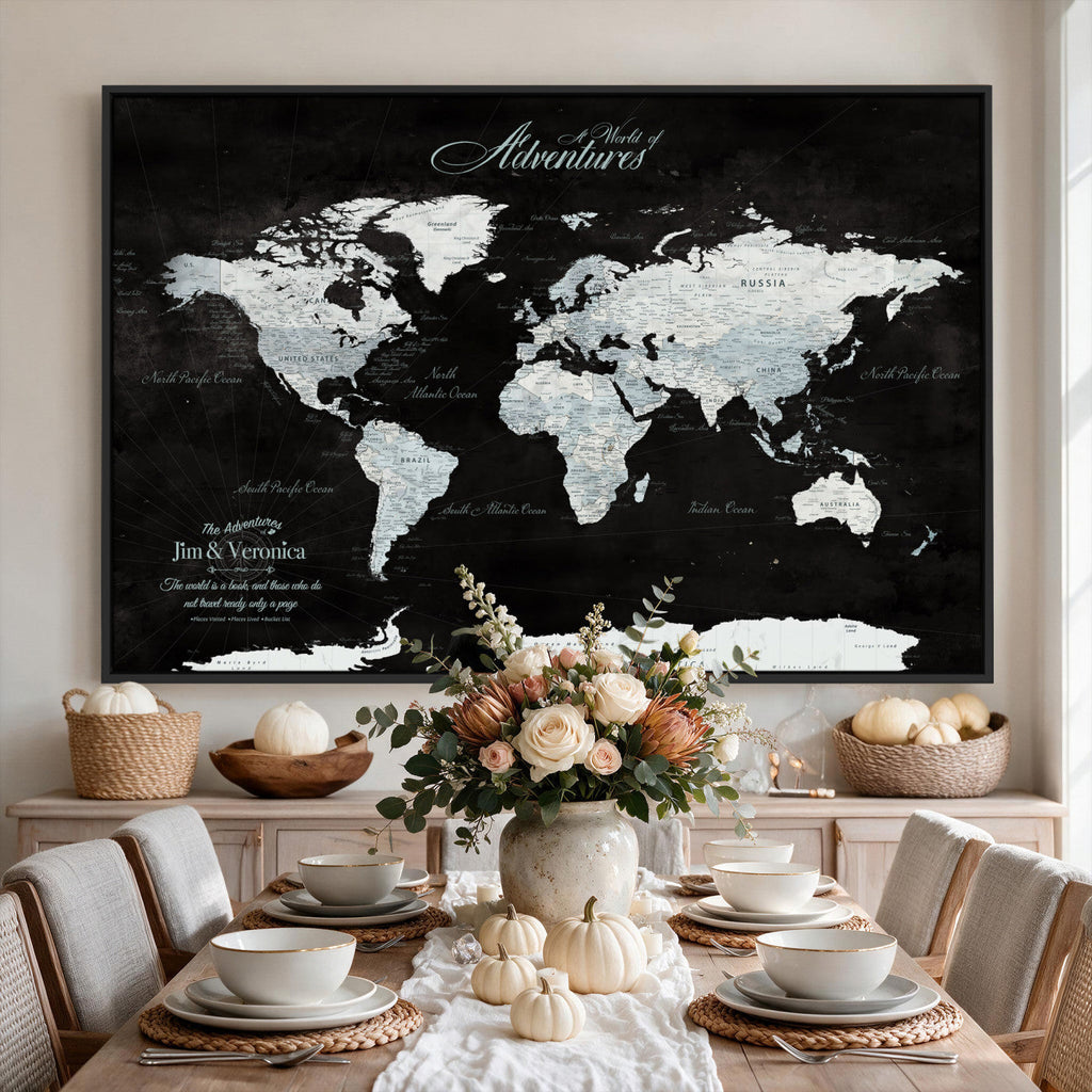Custom Beige World Travel Map Wall Art with Pins, Places Visited Tracker, Bedroom and Home Office Decor