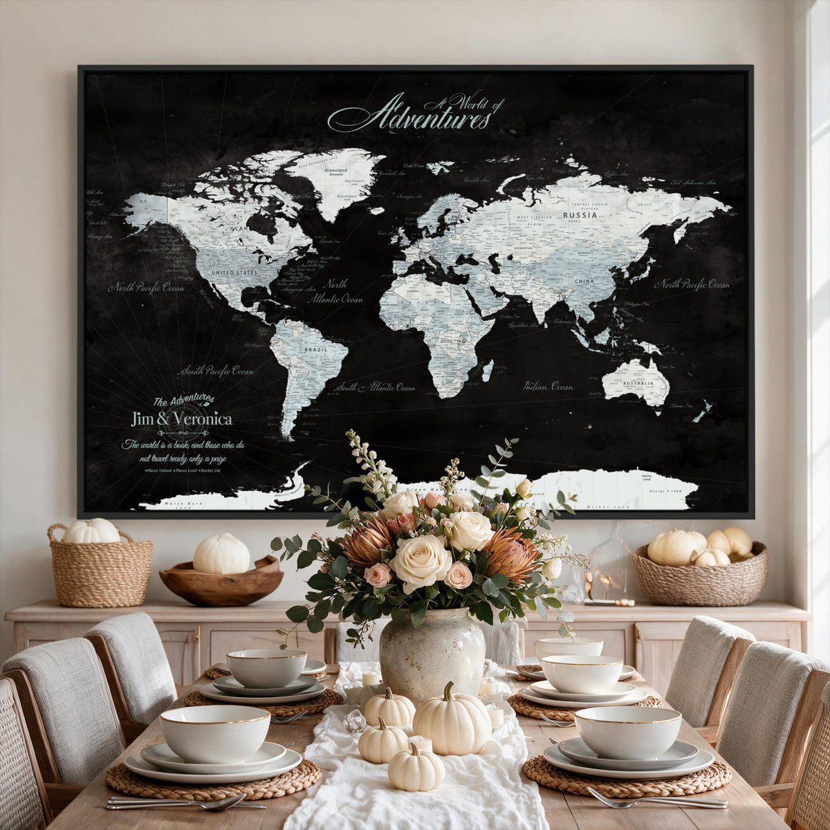 Custom Beige World Travel Map Wall Art with Pins, Places Visited Tracker, Bedroom and Home Office Decor