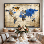 Personalized Framed Beige World Map Canvas with Push Pins, Honeymoon and Anniversary Gift, Living Room and Home Office Decor