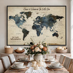 Personalized Framed Black Modern Push Pin Travel Map Canvas Print, Family Travel Tracker, Home Office and Entryway Decor