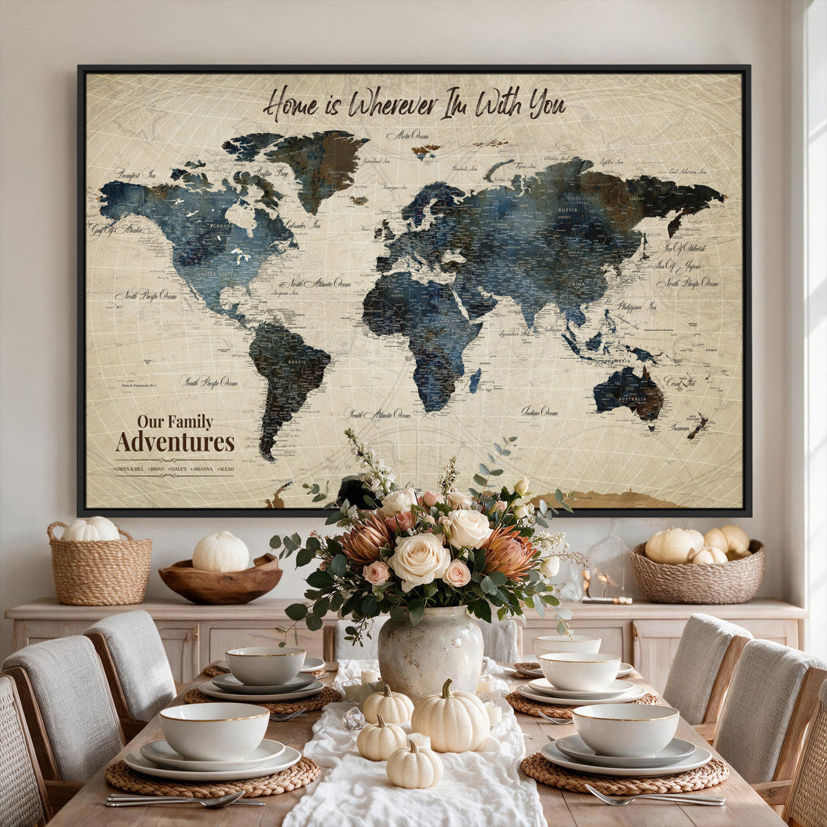 Personalized Framed Black Modern Push Pin Travel Map Canvas Print, Family Travel Tracker, Home Office and Entryway Decor