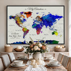 Detailed Custom Framed Beige Modern World Map Canvas with Push Pins, Honeymoon and Anniversary Gift, Dining Room and Home Office Decor