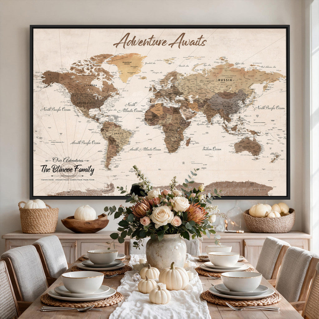Personalized Framed White Modern Push Pin Travel Map Canvas Print, Bucket List Map, Dining Room and Study Decor