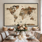 Vibrant Earth Tone World Map Canvas Print | Framed Detailed Map of the World