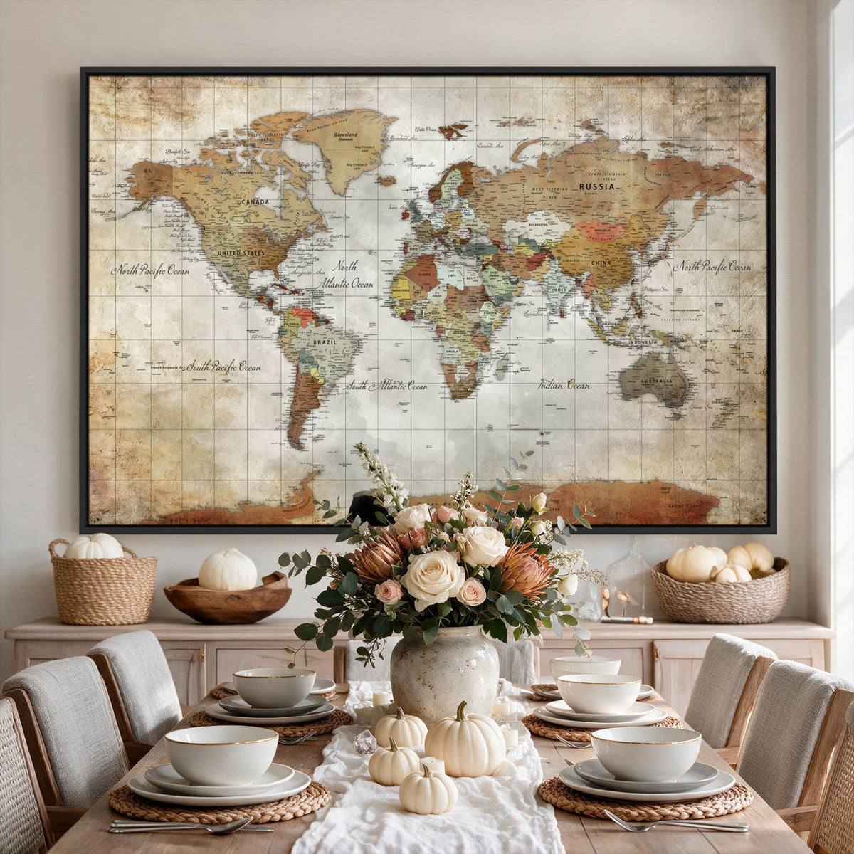 Custom Framed Modern Push Pin World Map Wall Art, Places Visited Tracker, Home Office and Entryway Decor